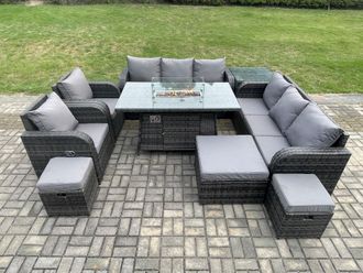Fimous Wicker Rattan Garden Furniture Set Gas Fire Pit Dining Table Indoor Outdoor with Side Tables Chair Loveseat Sofa in Dark Grey