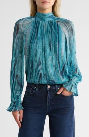 Ramy Brook Anneli Metallic Thread Mock Neck Long Sleeve Top in Teal Multi at Nordstrom Rack, Size Small