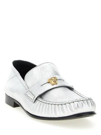 Versace La Medusa Metal-Embellished Laminated Nappa Loafer - Silver