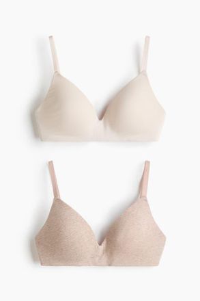 H&M 2-pack Padded Non-wired Cotton Bras in Light Beige Melange/cream at Nordstrom, Size 38Dd