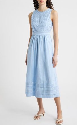 Eliza J Stripe Sleeveless Cotton Blend Midi Dress in Blue White at Nordstrom, Size 14