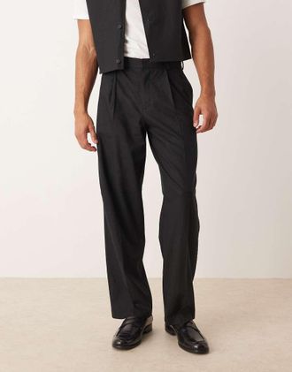 Asos Pantaloni da abito a fondo ampio neri in misto lino-Nero