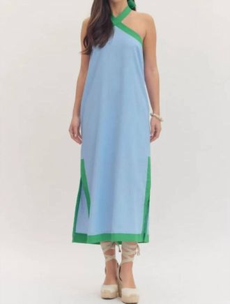 Entro Criss Cross Halter Midi Dress In Blue Multi