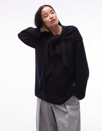 Arket Maglione blu navy scuro a coste in misto lana con sciarpa stile scialle