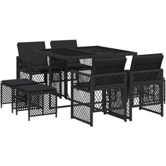 vidaXL Set De Comedor De Jard&iacute;n 9 Pzas Y Cojines Rat&aacute;n Sint&eacute;tico Negro Vidaxl