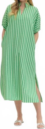 Entro Striped Puff Sleeve Midi Dress In Green