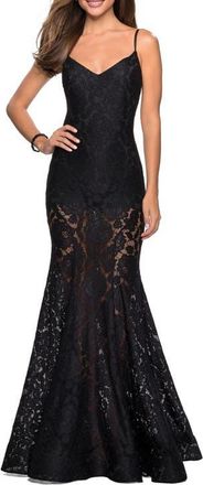 La Femme Long Form Fitting Lace Prom Dress with Attached Shorts in Black at Nordstrom, Size 10