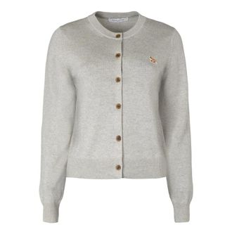Maison Kitsun&eacute; Fox Front Wool Cardigan with Ribbed Edges - female - Maison Kitsun&eacute; - Cardigans - Beige - M - Knitwear