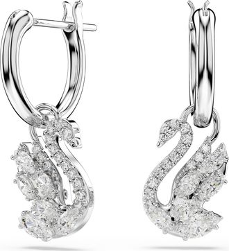 Swarovski Swan Drop Earrings, Mixed Cuts, Swan, White, Rhodium Plated