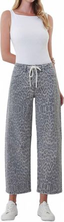 Flying Monkey High Rise Drawstring Barrel Jeans In Grey Leopard
