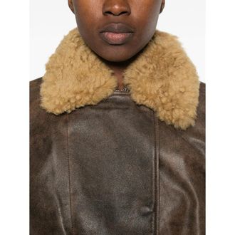 R13 Distressed Lambskin with Shearling Collar Jacket - Brown