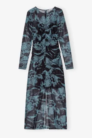 Ganni Blue Printed Mesh O-neck Ruched Long Dress - Size 10/12