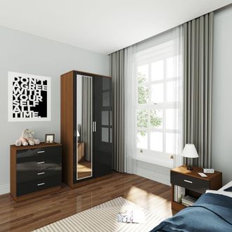 Elegant Lighting Wardrobe and Cabinet Furniture Set Bedroom 2 Doors Wardrobe with Mirror and 4 Drawer Chest and Bedside Cabinet High Gloss, Black/Walnut - Elegant