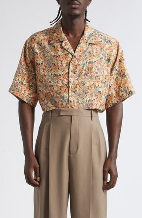 Valentino Papier Floral Short Sleeve Silk Poplin Button-Up Shirt in Beige Multi at Nordstrom, Size 52