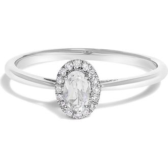 House of Brilliance 10K White Gold Oval and Diamond Accent Halo Birthstone Ring in White Topaz at Nordstrom, Size 6.5