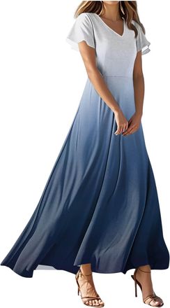 Generic Summer Dresses for Women UK Empire Waist Comfy Boho Floral Print V Neck Ladies Maxi Dress Beach Swing Long Dresses Slim Fit A Line Wrap Flowy Dress wi