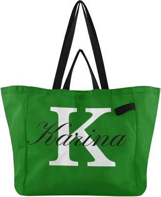 Generic Custom Green print Reusable Canvas Tote Bag, Heavy Duty Grocery Shopping Bag with Double Handles Large Capacity Hard Bottom Work Groceries Travel