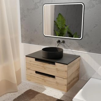 Aurlane Aurlane - Meuble De Ba&ntilde;o 80cm 2 Cajones - Madera Y Negro - Lavabo &Oslash;36 Y Espejo Led 80x60cm