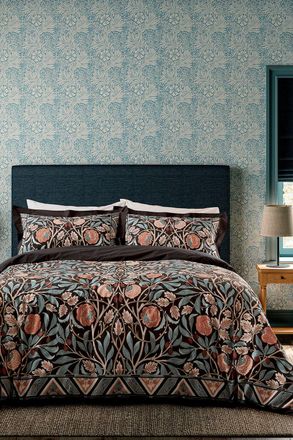 Morris & Co. Olive & Rose Cotton Duvet Cover Set in Indigo | Size: King