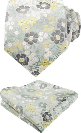 Alizeal Mens Floral Pattern Tie with Pocket Square Classic Formal Fashion for Business Wedding Necktie and Hanky Set, Sage Green+Yellow