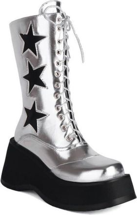 Generic Womens Punk Platform Mid-Calf Boots with Lace-Up & Side Zipper Gothic Biker Style,Silver,5.5 UK