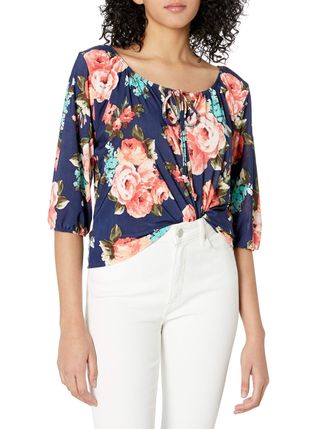 Star Vixen Womens 3/4 Sleeve Peasant Top Shirt, Navy Blue with Floral Design, XL