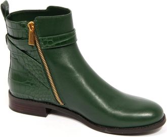 Michael Kors Groene Enkellaarsjes met Reli&euml;f Farrah Stijl - Dames - Enkellaarsjes - Groen - 37 1/2 EU - Leer - Schoenen