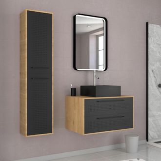 Aurlane Mueble De Ba&ntilde;o 80 Cm, Lavabo, Espejo Led Y Columna - Roble Natural Y Negro