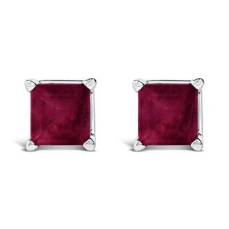 House of Brilliance 14K White Gold 5x5MM Princess Cut Red Ruby Solitaire Stud Earrings