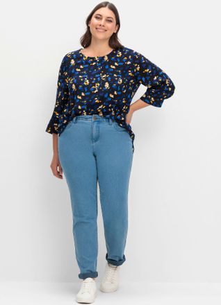 Sheego Longbluse SHEEGO, Damen, Gr. 40, blau (tiefblau, gemustert), 100% Viskose, gebl&uuml;mt, gemustert, Rundhals, Blusen Longbluse