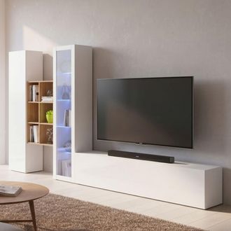 Dmora Dmora - Pared Equipada Dcragn, Conjunto De Sal&oacute;n Mueble De Tv Con 3 Puertas, Mueble De Sal&oacute;n Polivalente Con Vitrina Y Luz Led, 100% Made In Italy, Cm