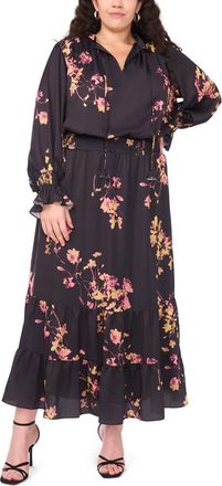Vince Camuto Floral Print Long Sleeve Maxi Dress in Rich Black at Nordstrom, Size 1X