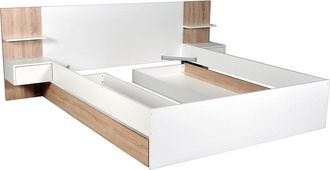 Vente-Unique Cama con cajones 160 x 200 cm - Con 2 mesitas de noche y estantes - Blanco y natural - KLYRANA