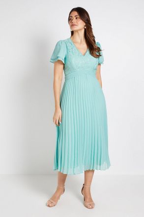 Wallis Womens Lace Pleat Detail Midi Dress - Turquoise Cotton - Size 20 UK