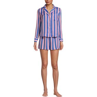 Lands End Plus Size Matte Satin 2 Piece Pajama Set - Long Sleeve Top and Shorts in Light Rose Pink/brisk Blue at Nordstrom, Size X-Large