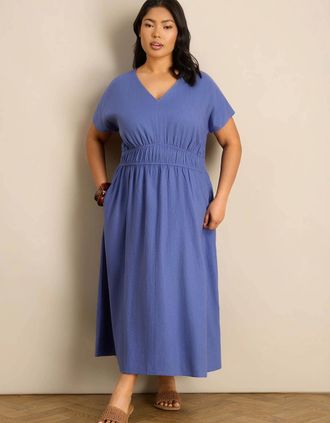 Live Unlimited London Womens Blue Linen Blend V-Neck Waist Detail Midaxi Dress - Size: 16