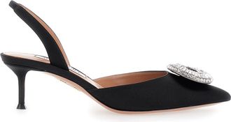 Aquazzura crystal Hoop Black Slingback Pumps With Rhinestoned Embellishment And Kitten Heel In Tech Fabric Woman