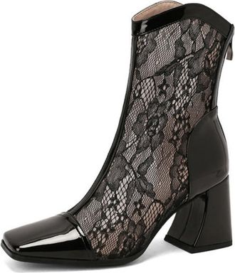 Generic Womens Fashion Mesh Lace Floral Ankle Boots Square Toe Chunky High Heels Dress Pumps Wedding Party Casual Shoes (Black,7.5)