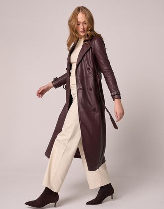Barneys Womens Burgundy Real Leather Trench Coat - Size 18 UK