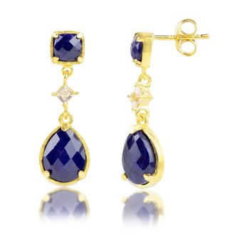 MAX + STONE 18K Gold Plated Genuine Gemstone 3 Stone Dangle Drop Earrings