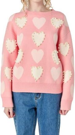 English Factory Heart Faux Pearl Embellished Crewneck Sweater in Light Pink at Nordstrom Rack, Size Large