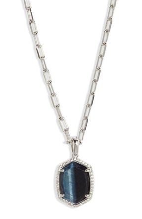 Kendra Scott Daphne Pavé Frame Pendant Necklace in Rhodium Navy Tigers Eye at Nordstrom
