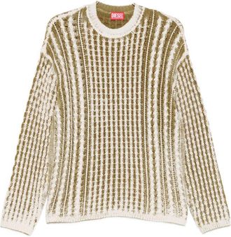 Diesel Textured Knit Sweater With Vertical Stripes In Cream And Olive Tones