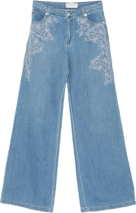 Ermanno Scervino Jeans met bloemenborduursel - Dames - Loose Fit Jeans - Blauw - L - Katoen - Jeans