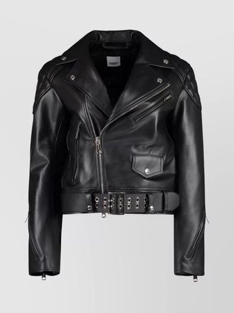 Burberry leather jacket with waist belt and quilted shoulders