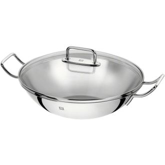 Zwilling Plus Wok in Acciaio Inossidabile da 32 cm con Rivestimento Antiaderente, Coperchio in Vetro e Inserto Grill Rimovibile, Adatto per Induzione