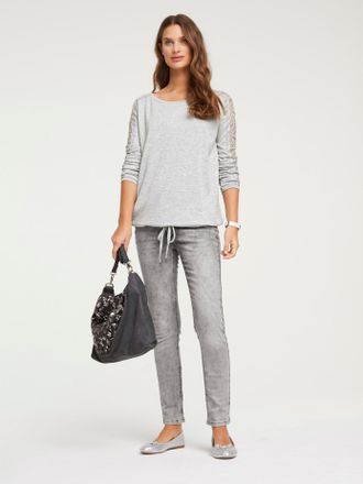 Heine Spitzenshirt HEINE Spitzen-Shirt, Damen, Gr. 34, grau (grau, melange), 50% Polyester, 50% Viskose, Spitze:100% Polyamid, unifarben, Rundhals, Shirts S