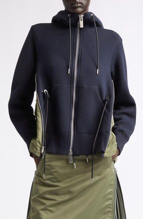 sacai Mixed Media Scuba Knit & Nylon Twill Hoodie in Navy/khaki at Nordstrom, Size 4