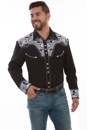 Scully Western Shirt Mens L/S Snap Embroidered XXL Black White P-634