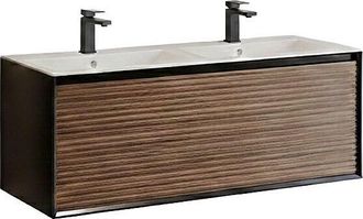 Vente-Unique Mueble de ba&ntilde;o suspendido estriado con lavabo encastrado y grifo - Color natural oscuro y negro - 120 cm - BANIVA